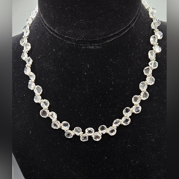 Unsigned Jewelry - Quartz Crystal Necklace .25" Crystals Tiny AB Bicones Toggle Clasp Wire Strung